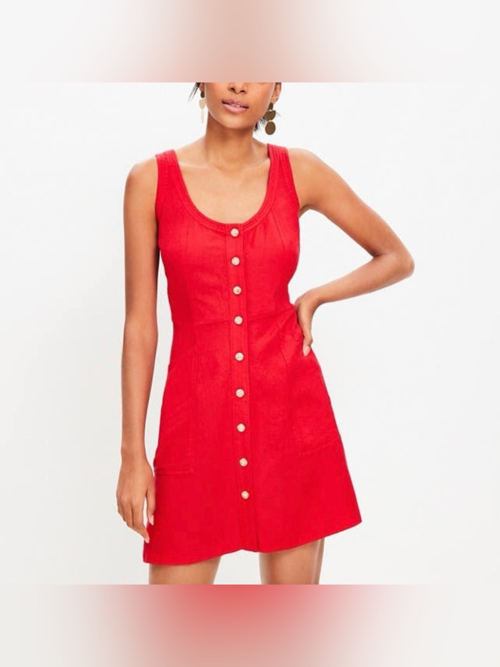 Loft Bright Red Button-Front Linen & Viscose Mini Dress